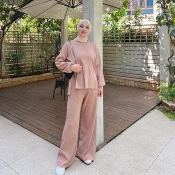 Wepbel 2 Conjuntos De Peças Islã Roupas Soltas Camisola Muçulmano Conjuntos Mulheres Blusa Tops De Tricô De Perna Larga Calças Calças De Vestuário Islâmico  5
