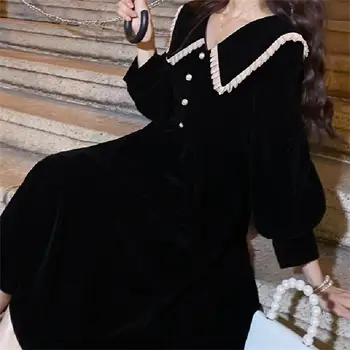 Francês Vestido Vintage para Mulheres Elegantes Elegante Estética de Vestido de Festa de Boneca Colar Feminino Outono de Manga Longa, Uma Linha de Manto Preto Chique  4