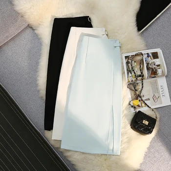 Elegante Office Saias Brancas 2022 Alta Do Verão Cintura De Uma Linha De Comprimento De Joelho Coreano Moda Saia Azul Preto MidiSkirts Mujer  4