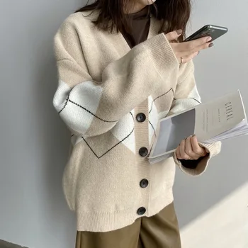 Mulheres de Diamante Xadrez Suéter Casaco de Inverno de 2022 coreano Quente Solta Cardigan Suéter Casaco de manga comprida de Malha Grossa Cardigan Feminino  1