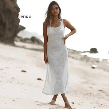 Malha de Biquíni Cover-Ups Praia Longa Vestido das Mulheres 2021 Moda Verão Maiô Branco encobrir Dividir Vestimentas para as Mulheres Xl  4