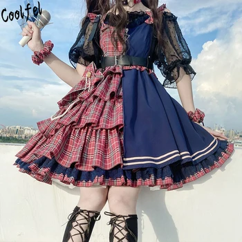 COOLFEL Japonês Gótico Retro Vitoriana Lolita Vestido de Retalhos de Contraste de Cor Babados, Vestidos de Mulher, a Princesa Meninas Doces Vestidos  4
