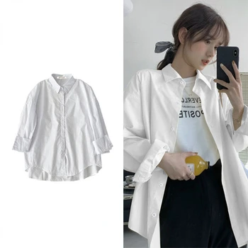 Manga longa Camisa Branca para a Primavera Verão Botão de Camisa para as Mulheres da Menina de Blusa Tops de Streetwear de Férias Casual Roupas Cardigan  5