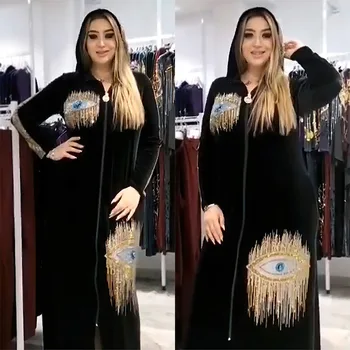 Muçulmano Abaya De Veludo Diamante Vestido Maxi Vestido Casaquinho De Quimono Túnica Longa Vestidos De Túnica Jubah Oriente Médio Ramadã Árabe Islâmica  5