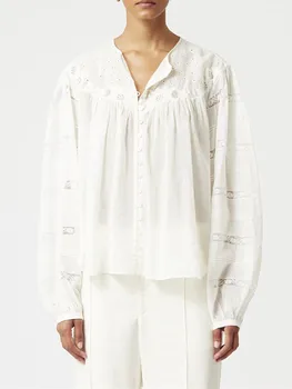 Mulheres de Branco Elegante Camisa de Rendas de Costura Bordado Manga Longa Blusa O-pescoço Único Breasted Camisa 2022 Outono  5