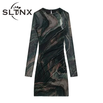 SLTNX 2022 Vestidos para Mulheres de Verão de Impressão Vestido Feminino, O Pescoço de Malha Mini Vestido das Senhoras em linha Reta Casual Slim Vestidos de Festa de Roupas  3