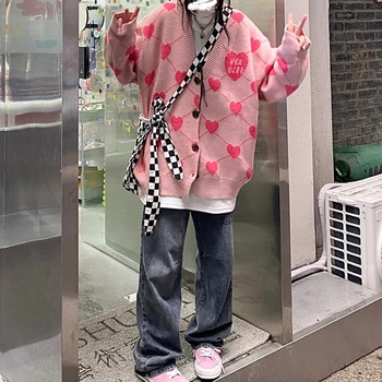 Amor-de-rosa de Malha Kawaii Camisola Mulheres Jaqueta Casaquinho Solto Aluno Casal Ins coreano Tendência Outono e Inverno Hip Hop Cardigan  5