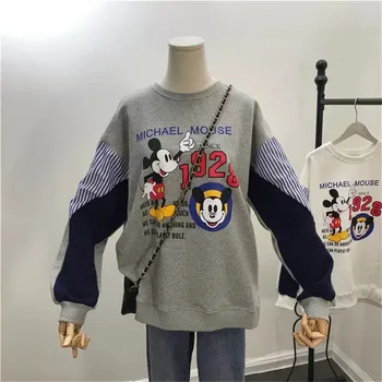 Mickey de Disney do Rato de Pista dignai-vos Camisolas Mulheres 2022 Outono de Retalhos de Manga Longa O-pescoço Cinzento Branco Streetwear Pulôver de Mulheres  2