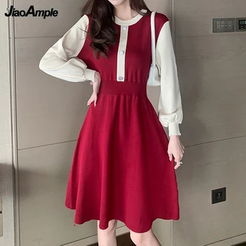 Mulheres de Outono Inverno Graciosa Vermelho de Malha Vestido de 2021 coreano Office Lady Graciosa Patchwork Camisola de Vestidos de O-Pescoço Preto Malhas  5