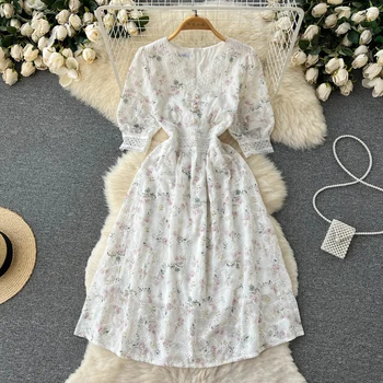 Francês Branco Floral Print Dress para Mulheres Moda Verão Lace com decote em V Manga Curta Uma linha de Roupas Elegantes Vestidos G705  4
