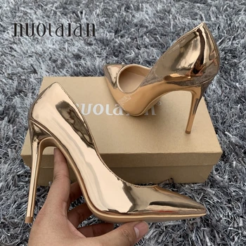 2019 Moda Mulheres Sapatos de Ouro, Couro de Patente de Casamento Sapatos de Mulher Sexy Estiletes de Salto Alto 12 cm/10 cm/8 cm Dedo Apontado Mulheres Bombas  10