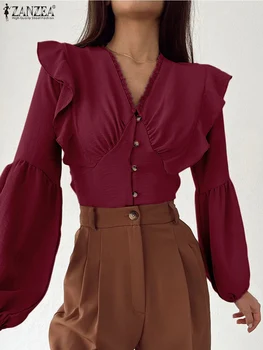 ZANZEA Mulheres Elegantes Blusas Moda 2022 Outono Camisa de Costura Babados Vintage Blusa de Laço de Pescoço de V Lanterna Manga Botões Tops  5