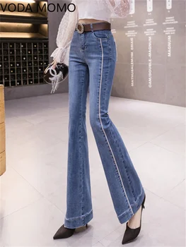 primavera 2022 das mulheres de cintura alta listrada de Mulheres de perna Larga jeans skinny flare mulher de jeans capris Calças jean mãe calças jeans  0
