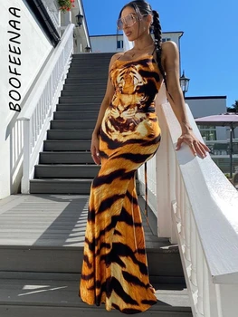 BOOFEENAA Tigre Impresso Sexy sem encosto Maxi Vestido de Verão 2022 partidárias Boate Roupa Halter Bodycon Vestidos C70-CD27  2