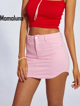 Momoluna Mulheres cor-de-Rosa de Cintura Alta Jeans Assimétrico Mini-Saia XS S M L  4