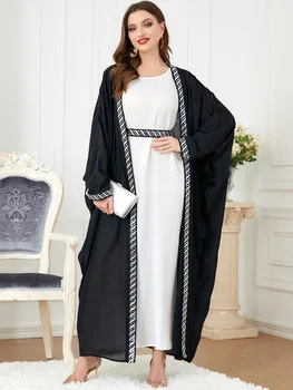 Vestuário Islâmico Conjuntos De Preto Abaya + Sem Mangas Cetim Branco Vestido De Festa Noite Dubai, Arábia Veste De Mulher Muçulmana Roupa Ramadã, Eid  0
