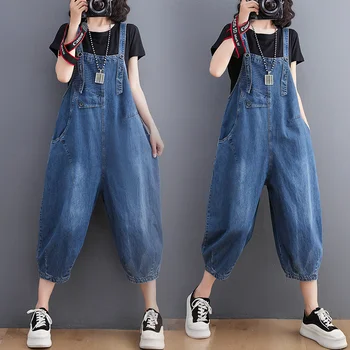 Macacão jeans Feminino coreano a Versão Solta 2022 Moda Verão Macacão Jeans sem Mangas Cinta Calça Casual Calças Jardineiras h1279  4