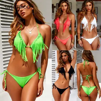Mulheres Sexy Borla Push-Up do Biquini 2020 Novo Estilo de Verão Neon Verde Acolchoado Franja Superior Curativo trajes de Banho 2Pcs Praia de Maiô Ins  5