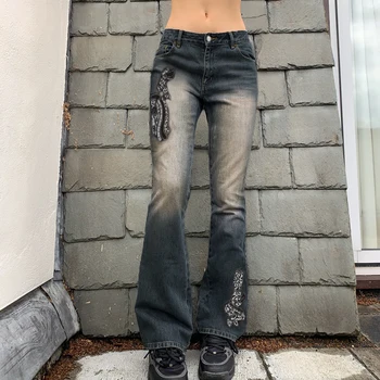 Mulheres Grunge Calças de Cintura Baixa Jeans Y2K Calças Bordados Skinny Jeans Streetwear da década de 2000 Estética Inferior Calças Boot Cut  0