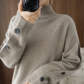 2021Autumn / inverno grosso suéter de cashmere senhoras de meia gola alta pulôver casual malha 100% pura lã superior coreano casaco feminino  5