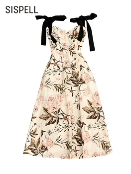 SISPELL Vintage Impressão Colorblock Funda Vestido Praça de Gola Alta sem Mangas Cintura Elegante Vestidos Midi Feminino Roupas de Verão Novo  4