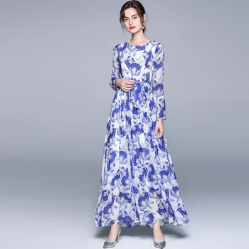 JSXDHK Elegante Primavera, Verão, Férias Maxi Vestido 2021 Pista Mulheres Impressão de Flor de Cetim Azul Feminino, O Pescoço Correia Boho Vestidos Longos  5