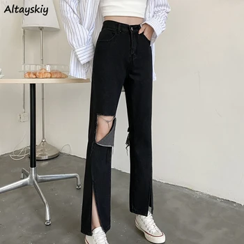 Calças De Brim Das Mulheres Buraco Casual Estilo Coreano Senhoras Bolsos De Cintura Alta Jeans Verão Calças De Streetwear Novo Design Simples E De Baixo Elegante  3
