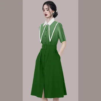 2022 Nova Moda Verde Acertar a Cor da Camisa Vestidos de Mulheres Elegantes Único Breasted de Manga Curta Slim OL Escritório de Uma Linha de Vestido Com Cinto  5