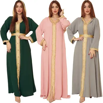 2022 Novo Linho Balanço da Saia do Vestido para as Mulheres Dubai Marroquino Caftan Muçulmano do Oriente Médio com Capuz ClothingTurkey árabe Roupas Eid  5