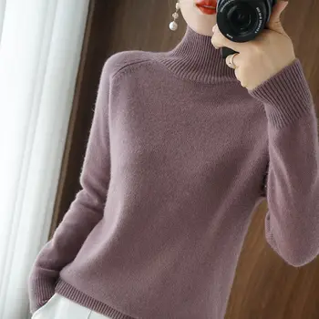 2022 outono e inverno camisola de gola alta de mulheres de cor sólida suéter de cashmere casual manga longa solta pulôver  5