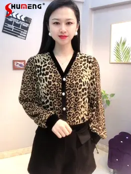 Elegante Botão de Impressão de Leopardo V-pescoço-Shirt para as Mulheres 2023 Primavera Nova Mulher Pulôver de Manga Longa de Emagrecimento Trecho Assentamento Camisas  5