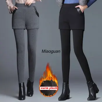 Moda Fake Dois Pedaço de Lã Leggings para Mulheres de Outono Inverno Engrossar Quente Luxuoso Lápis Calças Femininas de Alta Elástico Apertado, Calças  5