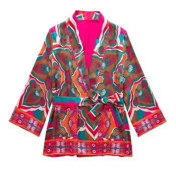 Europeu e Americano de mulheres de roupas de Senhoras Cair Nova adaptação de Cinto de impressão do carimbo de Quimono casaco solto topo  3