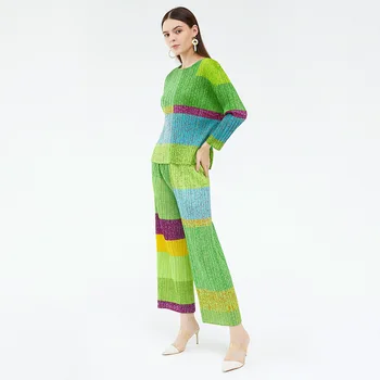 O contraste de cores de impressão casual terno 2022 novo outono fina de manga comprida vertical superior reta calças de duas peças para as mulheres  5