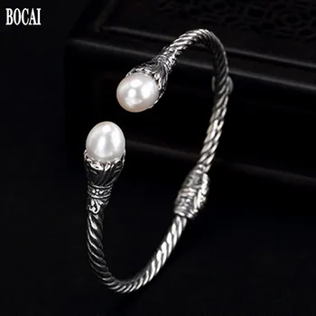 BOCAI novo S925 prata esterlina de mulheres pulseira de pérola natural retro sólida prata 925 personalidade feminina abrir selvagem pulseira  3