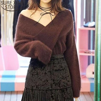 Sólida Camisola coreano Moda Mulheres de Roupas de Inverno Outono Blusas Sexy V-pescoço 