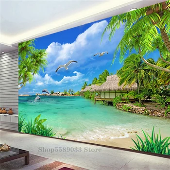 Céu claro Resort à beira-Mar Panorâmica Mural de Grande Tamanho Personalizado Decorativos papel de Parede do Corredor Sofá de Fundo PLANO Fundo de Casa  10