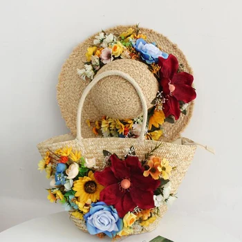 Flor de Palha das mulheres do Saco maior Capacidade de tecido de saco de férias à beira-mar da praia do saco de mão tricô bolsa de ombro, com o chapéu de sol  10