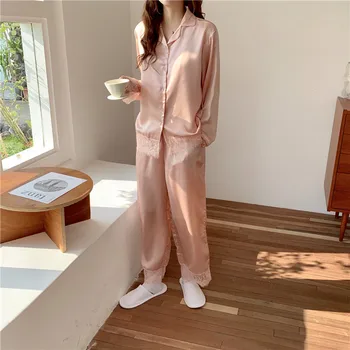 macio e confortável pijama de seda conjunto cor-de-rosa lace patchwork pijamas mulheres home roupas cor-de-rosa de lolita princess casa, calças  4