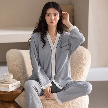 Solta Camisola de Pijama Terno Pijamas de Algodão de Sono Conjunto de Pijamas Mulheres em Casa Desgaste 2PCS Roupa Íntima, Lingerie Superior&Calças  4