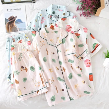 Pijama senhoras Japonês a primavera e o verão de Dormir impresso gaze de algodão fino seção solta coreano casa de serviço macio terno пижама  5