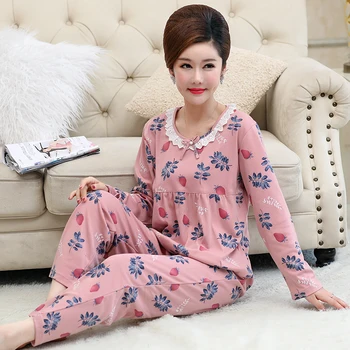 Pijamas de algodão Para as Mulheres Pijamas Outono Conjunto de Pijama de Manga Longa de Impressão Fina Casual M-4XL Feminino Roupa de Homewear  5