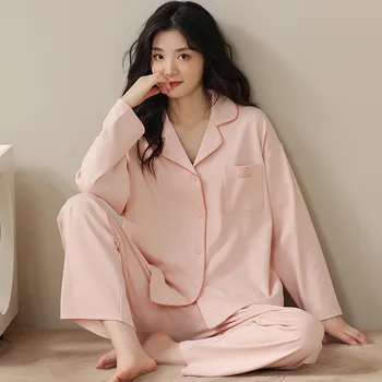 Outono Inverno da Mulher Roupa de cama de Algodão Camisa de Pijama Conjunto Japonês de Lazer Simples Sleepwer Manga Longa Plus Solta Casa Terno  5