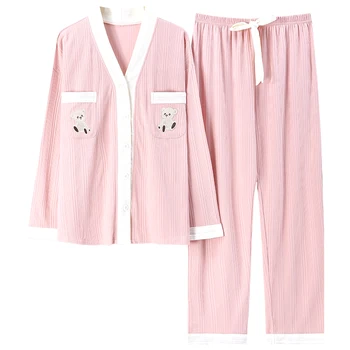 A primavera E o Outono 100%Algodão Feminino Pijamas Homewear Solto, Macio e Confortável Pijamas M-3XL Mulheres Pijama Conjunto  5