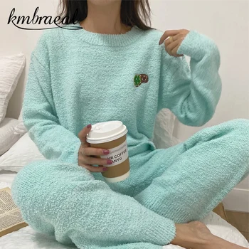 Pijamas para Mulheres 2pcs de Coral de Inverno de Lã de Manga Longa Pijamas de Boa Qualidade Bordado em torno do Pescoço Quente Homewear Confortável  4