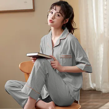 Verão Nova, Simples Pijama Terno Plus Size Puro Algodão Pijamas Ladies Home Roupas de Manga Curta Solta Pijamas Mulheres Conjunto de M-3XL  4