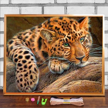 Leopardo Animal Tela Impressa 11CT Ponto de Cruz, Conjunto de Bordados DMC Segmentos de Artesanato em Costura de Agulha de Tricô Pacote de Decoração  5