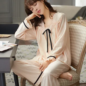 Pijamas de algodão de Conjunto de Mulheres Pijamas Tops de Manga Longa+Calça Outono Casa Terno para as Mulheres Pijamas Casa Casual Roupas moda Plus Size  5