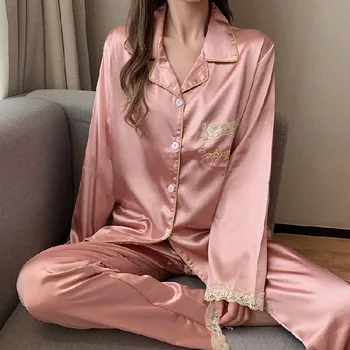 As mulheres do Pijama Conjuntos de Primavera/outono de manga Longa de Gelo Seda Fina Renda Casaquinho de Calças Casa de Serviço de Roupas de pijama pour femme  5