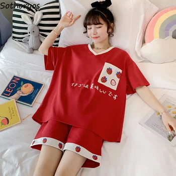 Pijama Conjuntos Mulheres Pijama Vermelho Solto e Casual de Verão de Duas peças de Conjunto Kawaii Estilo Japonês Nova V-pescoço Conforto Macio Pijamas Harajuku  5